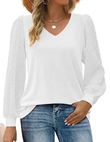 Produktbild: Zeagoo Damen Blusen Langarmshirt Elegant V Ausschnitt Polka Dots Ärmel Tunika Tops Basic Pullover Oberteile Casual Einfarbig Hemd Lässig Tshirt Herbst Winter Festliche Blusen Schickes Weiß S