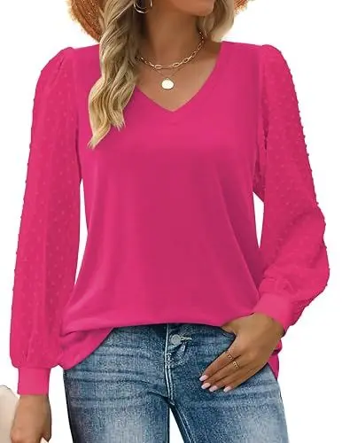 Produktbild: Zeagoo Damen Blusen V Ausschnitt Langarmshirt Polka Dots Ärmel Basic Pullover Oberteile Tunika Tops Elegant Casual Einfarbig Hemd Lässig Tshirt Herbst Winter Festliche Blusen Schickes Rosarot XXL