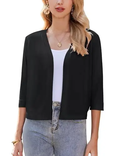 Produktbild: Zeagoo Bolero Damen Elegant Kurze Strickjacke Open Front Cardigan 3/4 Ärmel Lässige Strickjacke Solid Schwarz L