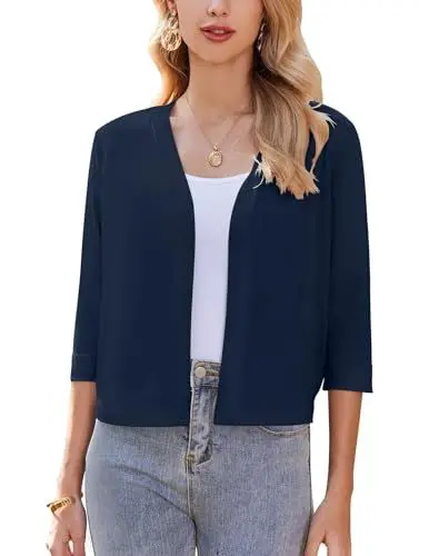 Produktbild: Zeagoo Damen Bolero Open Front Cardigan Elegant Casual Strickjacke 3/4 Ärmel Leichte Bolerojacke Navy Blau XL