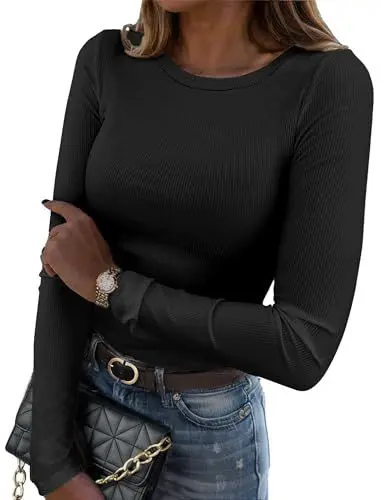 Produktbild: Zeagoo Damen Langarm T-Shirt Basic Slim Fit Tops Stretch Gerippt Pullover Casual Rundhals Oberteile Elegant Einfarbig Shirts Schwarz L