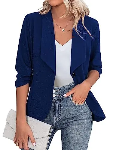 Produktbild: Zeagoo Damen Einfarbig Blazer Halbarm Elegant Sportlich Business Jacke Lang Büro Jacke Slim Fit Blau L