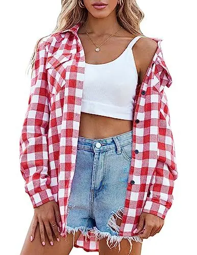 Produktbild: Zeagoo Damen Karierte Hemd Langarm Trachtenbluse Oktoberfest Bluse Karo Hemdjacke Baumwolle Hemdbluse HolzfäLlerhemd Oberteile Casual V-Ausschnitt Tunika Tops Navyblau L A-Wassermelonenrot 3XL