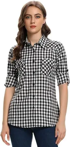 Produktbild: Zeagoo Damen Kariertes Hemdbluse Langarm Oktoberfest Bluse Karo Hemd Baumwolle Tunika Casual V-Ausschnitt Oberteile Tops