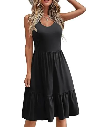 Produktbild: Zeagoo Damen Kleid Kurz Ärmellos Boho Strandkleid Casual Sommerkleid mit Taschen Rundhalsausschnitt Minikleid Schwarz XL