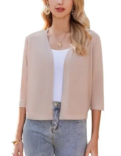 Produktbild: Zeagoo Damen Bolero Elegant Strickjacke Kurz 3/4 Ärmel Bolerojacke Festlich Schulterjacke Open Front Kurze Jacke zum Kleid Beige S