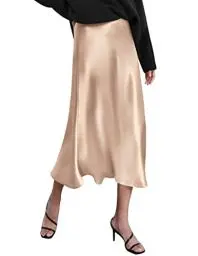 Produktbild: Zeagoo Damen Satin Rock Lang Hohe Taille Skirt Elegant Seide Midirock Sommer Midi Business Rock Helles Khaki M
