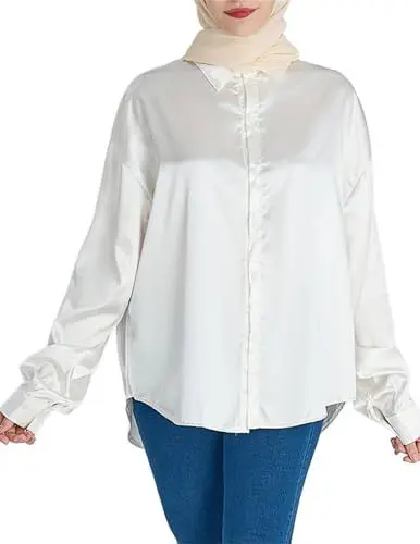 Produktbild: Zeagoo Damen Satin Seide Bluse V-Ausschnitt Hemden Elegant Langarm Business Oberteile mit Knöpfen Tops Lose Langarmshirt Weiß M