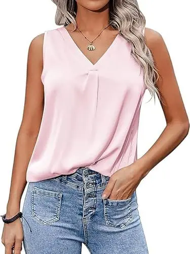 Produktbild: Zeagoo Damen Satin Seide Tank Top Ärmellose Blusentop Basic Cami Sommer Lässige Weste Shirt Elegant V-Ausschnitt Oberteile Blusen Shirt Rosa XL