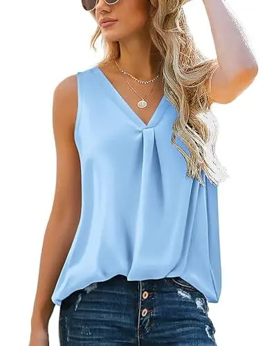 Produktbild: Zeagoo Damen Satin Tank Top Ärmellose Blusentops Basic Cami Lässige V-Ausschnitt Tanktops Casual Weste Tops Einfarbig Satinbluse Oberteile Tops Hellblau S