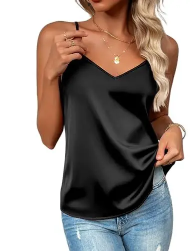 Produktbild: Zeagoo Damen Satin Spaghetti Tops V-Ausschnitt Camisole Tank Trägertop Ärmellose Sommer T Shirt Blusentop Party Schwarz S