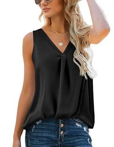 Produktbild: Zeagoo Damen Satin Tank Top Strap Basic Cami Sommer Weste Shirt Lässiges V-Ausschnitt Ärmellose Blusen Casual Tank Bluse Shirt Schwarz XL