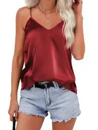 Produktbild: Zeagoo Damen Tops Satin Oberteile Tank Tops Party Weste Ärmellos Tunika Weste Damen Silk Trägertops Verstellbare Träger top Spaghettiträger Tops Blusen Weinrot L