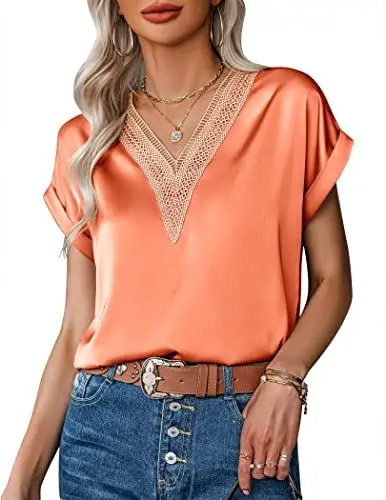 Produktbild: Zeagoo Bluse Kurzarm Damen Oberteil Casual Lose V-Ausschnitt Tshirt Elegant Seidenbluse Sommerbluse Orange XXL