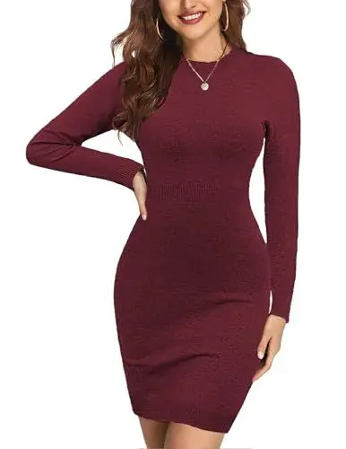 Produktbild: Zeagoo Damen Strickkleid Langarm Kleider Elegant Rundhals Kleid Pulloverkleid Bodycon Minikleid Herbst Winter Kleider Casual Freizeitkleid Rot L