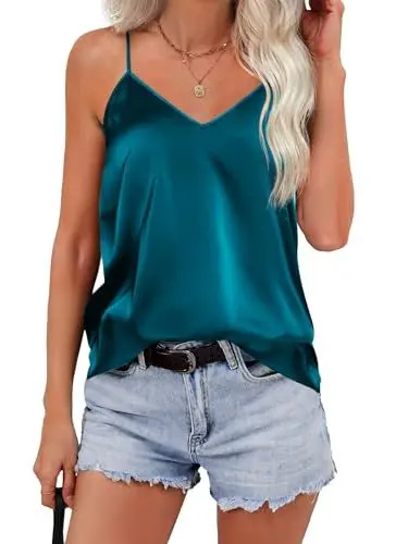 Produktbild: Zeagoo Damen Satin Tank Tops V-Ausschnitt Spaghetti Tops Racerback Ärmellose Basic Shirt Slim Fit Shirts Elegant Oberteile Cami Top Grün S