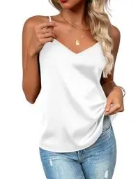 Produktbild: Zeagoo Damen Satin Spaghetti Tops V-Ausschnitt Camisole Tank Trägertop Ärmellose Sommer T Shirt Blusentop Party Weiß S