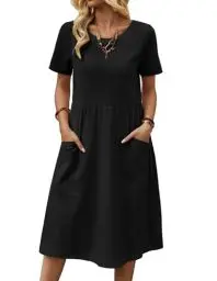 Produktbild: Zeagoo Kleid Damen Baumwolle Sommerkleid Kurzarm Strandkleid Casual Leinen Shirtkleid Rundhals Blusenkleid Schwarz M