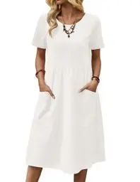 Produktbild: Zeagoo Kleid Damen Baumwolle Sommerkleid Kurzarm Strandkleid Casual Leinen Shirtkleid Rundhals Blusenkleid Weiß S
