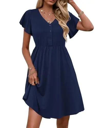 Produktbild: Zeagoo Kleid Damen Elegant V Ausschnitt Sommerkleid Kurzerm A-Linie Rüschenärmel Minikleid Hohe Taille Tunika Kleider Marineblau L