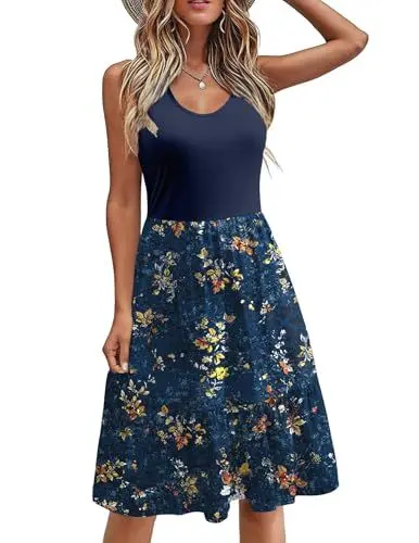 Produktbild: Zeagoo Kleider Damen Sommer Kurz A-Linien Kleid Locker Blumen Freizeitkleid Ärmellos Sommerkleid Trägerkleid Dunkelblau L