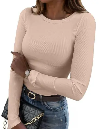 Produktbild: Zeagoo Damen Long Sleeve Shirts Stretch Gerippt Pullover Basic T-Shirt Slim Fit Tops Casual Rundhals Oberteile Elegant Engs Tee Hellbraun S
