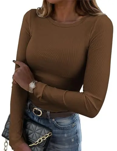 Produktbild: Zeagoo Langarmshirt Damen Slim Fit Basic T-Shirts Rundhals Stretch Pullover Elegant Gerippt Oberteil Casual Einfarbig Tops Braun M