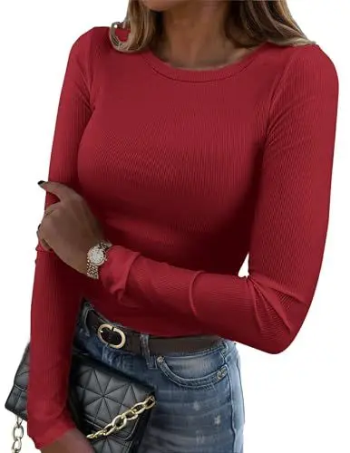 Produktbild: Zeagoo Damen Long Sleeve Shirts Stretch Gerippt Pullover Casual Rundhals Oberteile Basic T-Shirt Slim Fit Tops Elegant Engs Tee Redwine L