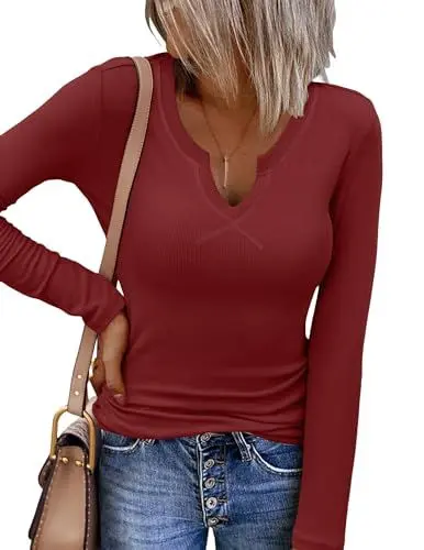 Produktbild: Zeagoo Langarmshirt Damen V Ausschnitt Oberteil Langarm Fall Basic Oberteile Enges Shirts Ribbed Slim Fit Tops Pullover Weinrot M