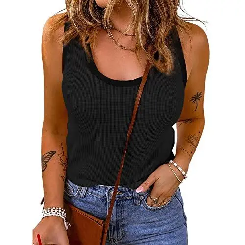 Produktbild: Zeagoo Sommer Tank Top Damen Rundhals Top Kurzarm Ärmellos Oberteil Lässig Waffelgewebe Blusentops Elegant Casual Shirt Basic Trägershirt Schwarz M