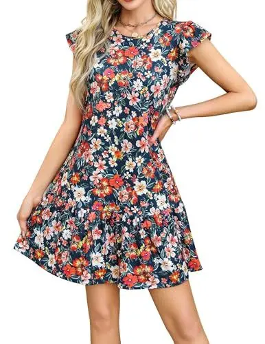 Produktbild: Zeagoo Sommerkleid Damen Knielang Kleider Rundhals Strandkleid Rüschen Ärmel Minikleid Leicht Tshirtkleid Rot Druck XL