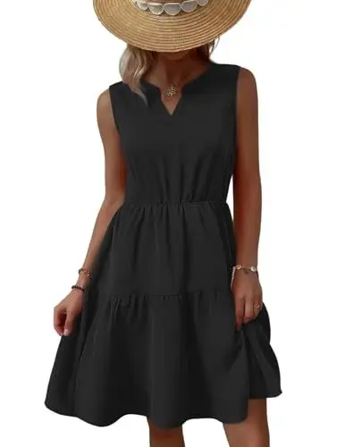 Produktbild: Zeagoo Sommerkleider Damen Kurz V Ausschnitt Kleid Casual Ärmellos Minikleider A Linie Einfarbig Kleider Lose Elastische Taille Strandkleid Schwarz XL