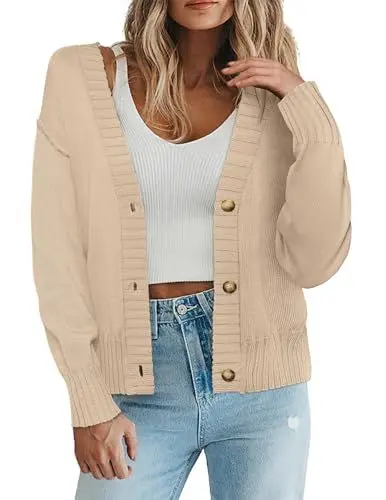 Produktbild: Zeagoo Strickjacke Damen Kurz Langarm Pullover V-Ausschnitt mit Knopf Elegant Warme Oberteil Frühling Offene Front Strickcardigan Kaffee M