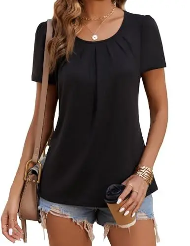 Produktbild: Zeagoo T-Shirt Damen Sommer Elegant Rundhals Blumen Shirt Falten Locker Bluse Casual Oberteile Top Schwarz M