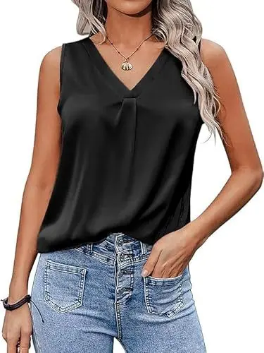 Produktbild: Zeagoo Damen Satin Tank Top Ärmellose Blusentops Basic Cami Lässige V-Ausschnitt Tanktops Casual Weste Tops Einfarbig Satinbluse Oberteile Tops Schwarz S