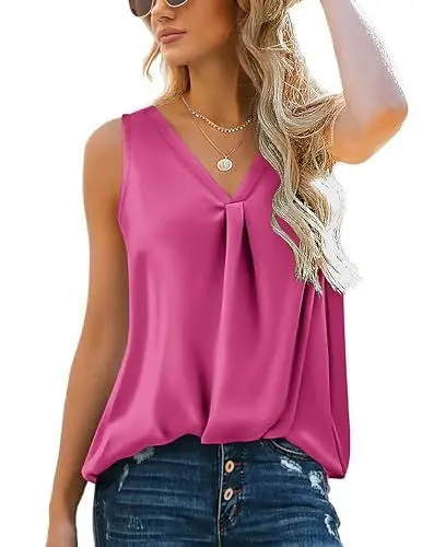 Produktbild: Zeagoo Tank Top Damen Sommer Ärmellose Satinbluse Elegant V-Ausschnitt Oberteile Lässige Vest Tops Casual Weste Shirt Basic Blusentops Rosenrot S
