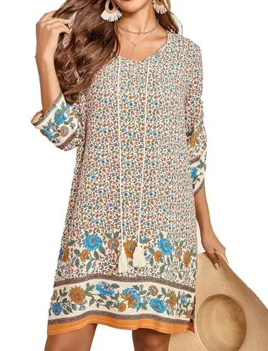 Produktbild: Zeagoo Tunikakleid Damen Sommerkleider Bohemian Kleid Blumen 3/4-Arm MiniKleid Lose Tunika Freizeitkleid XL