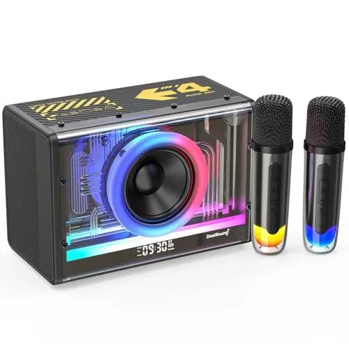 Produktbild: ZealSound Bluetooth Karaoke Maschinen mit Dual 2,4-GHz-Wireless-Dynamikmikrofonen, tragbarem Bluetooth-Lautsprecher, Stimmenverzerrer, 6 LED-Lichteffekten,für Hauspartys, Erwachsene, Kinder, Picknicks