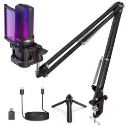 Produktbild: zealsound USB Mikrofon mit arm, RGB Mikrofon für iPhone/PC/Mac/Handy/PS5, mit Stumm, Stativ & Boom (2 Ständer & 2 Adapter), für Gaming,Podcast, Streaming Twitch Youtuber TikTok auf Windows Android