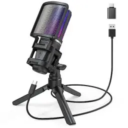 Produktbild: zealsound Gaming USB Mikrofon PC, für Streaming Podcast Studio, für PS4 PS5 Mac Handy, mit Typ-C Adapter, RGB-Steuerung, Stummschalttaste, Stativ, Popfilter & Shockmount, Kopfhöreranschluss