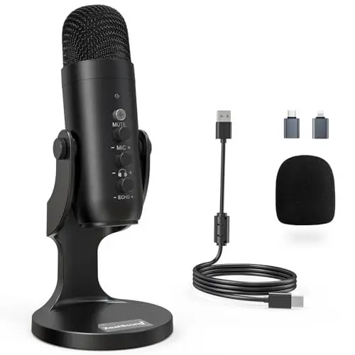 Produktbild: zealsound USB Mikrofon, Kondensator Mikrofon für PC Handy, PS4, PS5, Microphone PC USB C für Gaming, Podcast,Aufnahmen,Streaming,ASMR mit Stumm/Gain/Echo, Adapter für Phone,Kompatibel mit Mac, Winows