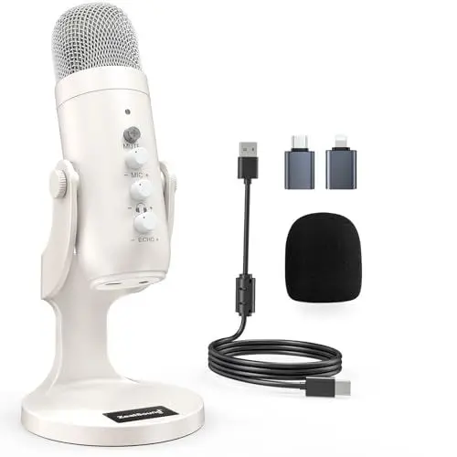 Produktbild: zealsound USB Mikrofon, k66 perlweiß Kondensator Mikrofon für PC Handy, PS4 PS5, Microphone PC USB C für Gaming, Podcast, Aufnahmen, Streaming, mit Stumm/Gain/Echo,Kompatibel mit Mac, Winows
