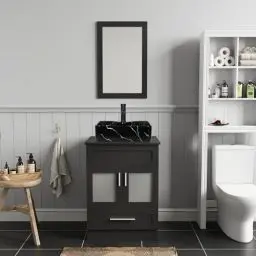 Produktbild: ZealWe Badmöbel Set Badezimmer Waschbeckenunterschrank Unterschrank 60 cm mit Waschtisch Spiegel Schubladen, Badezimmermöbel Waschbecken mit Badezimmerschrank Badschrank Spiegelschrank, Schwarz