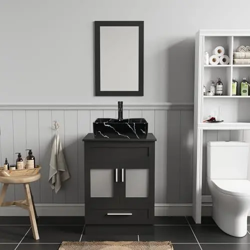 Produktbild: ZealWe Badmöbel Set Badezimmer Waschbeckenunterschrank Unterschrank 60 cm mit Waschtisch Spiegel Schubladen, Badezimmermöbel Waschbecken mit Badezimmerschrank Badschrank Spiegelschrank, Schwarz