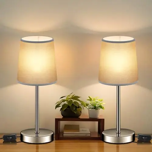 Produktbild: Zedelmaier Nachttischlampe 2er set 32cm Tischlampe Lampenschirm Tischleuchte E14 fassung/Max.15w Stoffschirm mit Schalter Schlafzimmerlampe Nachtlicht Wohnzimmerlampe nachtlampe (Grau, 2er Set)
