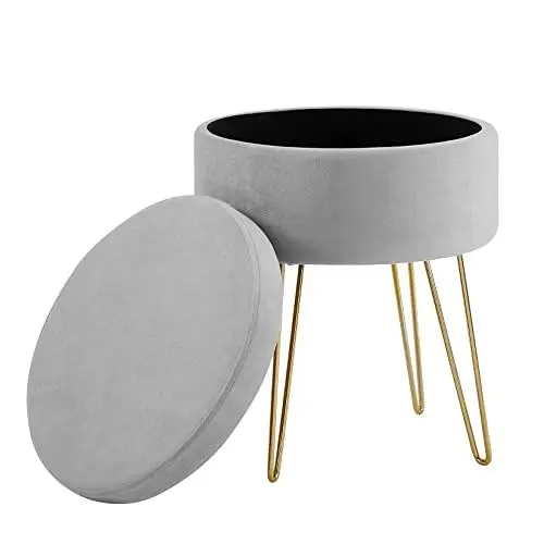Produktbild: Zedelmaier Schminkhocker samt mit Stauraum Schminktisch Hocker rund fußhocker Pouf fusshocker Polsterhocker für Wohnzimmer Schlafzimmer mit Metallbeinen (Grau)
