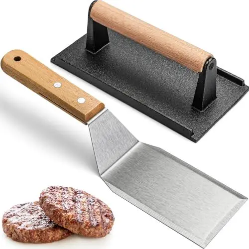 Produktbild: zeeooil Burgerpresse Spachtel Set mit 1 Rechteckige Burger Smasher 1 Grillspachtel für BBQ Steak Sandwiches (Schwarz)