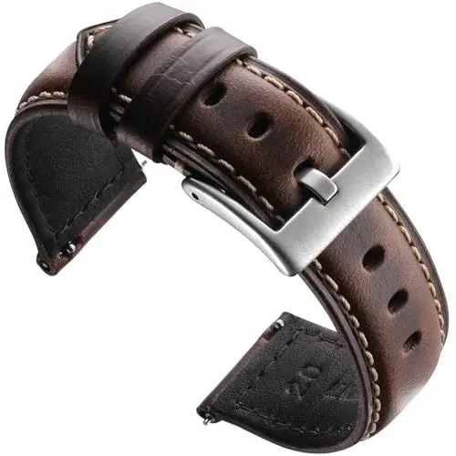 Produktbild: Zehior Leder Uhrenarmbänder Retro Smartwatch Armband mit Schnellverschluss für Herren Damen, Dunkel Braun, 24mm