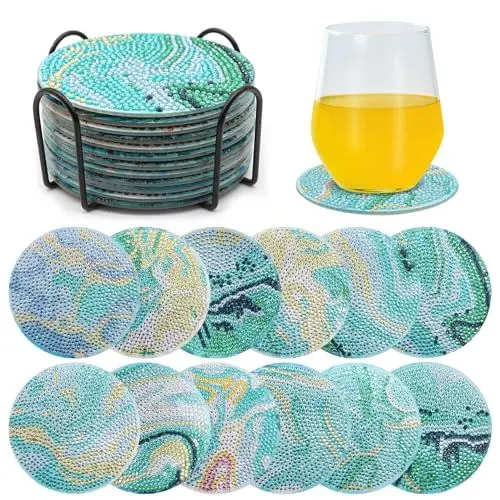 Produktbild: ZEHIQ 12 Stück Diamond Painting Untersetzer Mit Halter, DIY Ozean Painting Diamant Tassenuntersetzer für Gläser, Weingläser, Vasen, Dekoratio