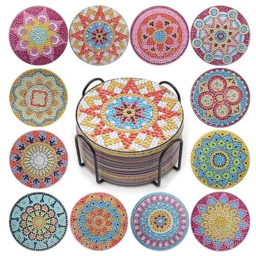 Produktbild: ZEHIQ Diamant Untersetzer Kit - 12 Stück Kunst Malerei Set Mit Halter, Kleine DIY Mandala Untersetzer für Erwachsene und Kinder